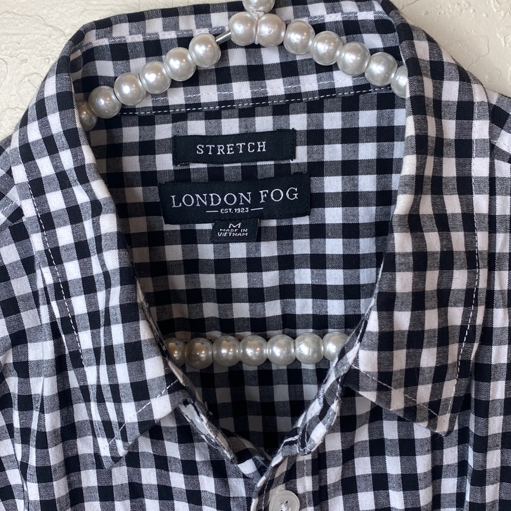LONDON FOG Shirt Mens Medium Blue White Gingham Plaid SLIM FIT Button Down - Picture 2 of 3